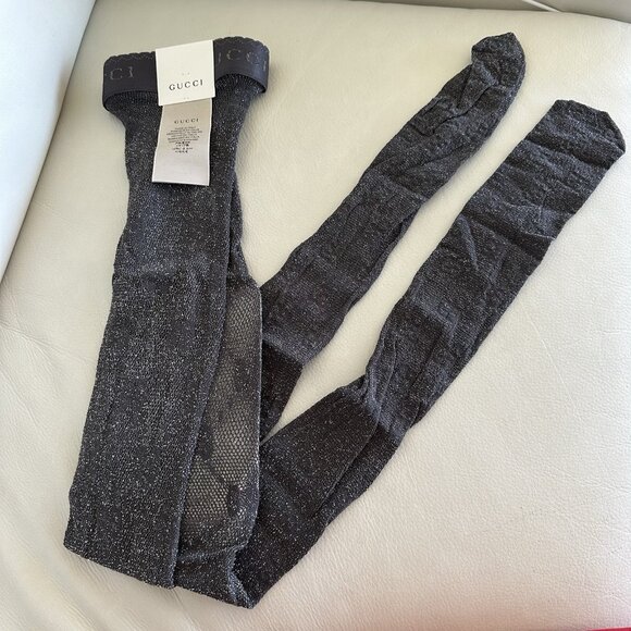 NWT Gucci Knit GG Logo Net Tights in Grey Graphite Shimmer Sz L - Picture 4 of 8